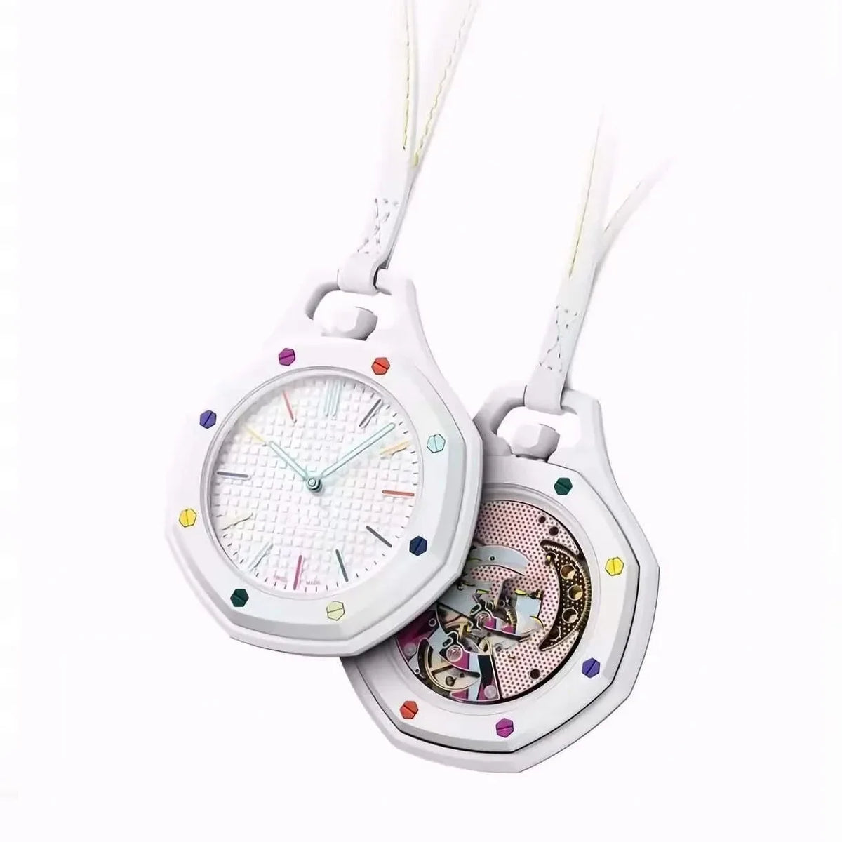A white octagonal quartz pocket watch with a clear face and white strap is shown against a white background.