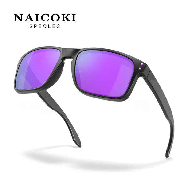 A pair of black Naicoki spectacles with purple polarized lenses shown against a white background.