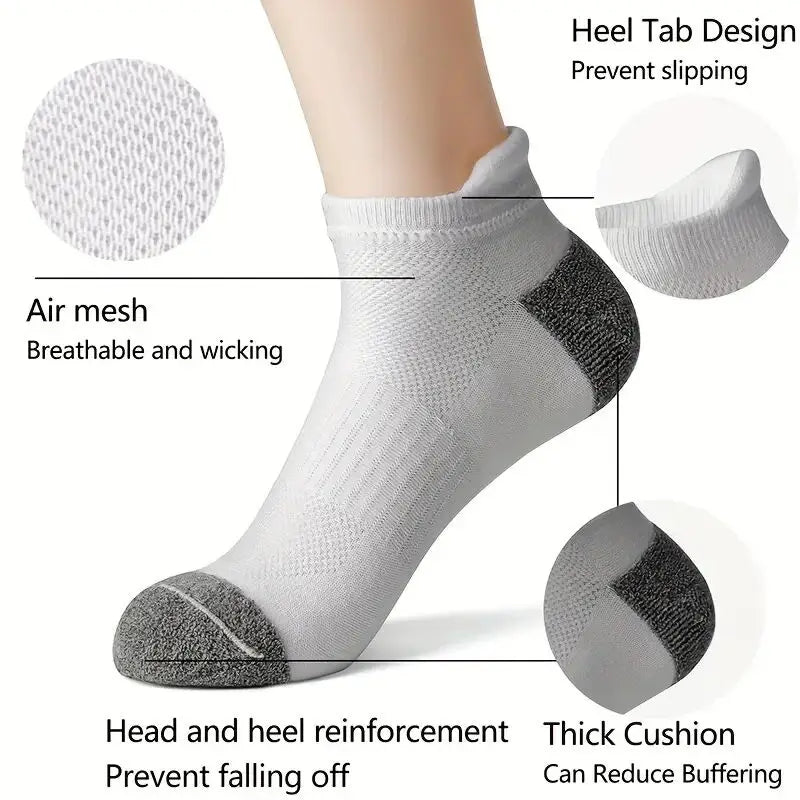 Gray ankle socks featuring air mesh, heel tab design, and reinforcement for comfort and grip.