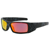 Black sunglasses with orange-tinted lenses featuring a marbled pattern.