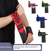 A hand is wearing a red fitness brace on the forearm, next to various colored wrist supports.