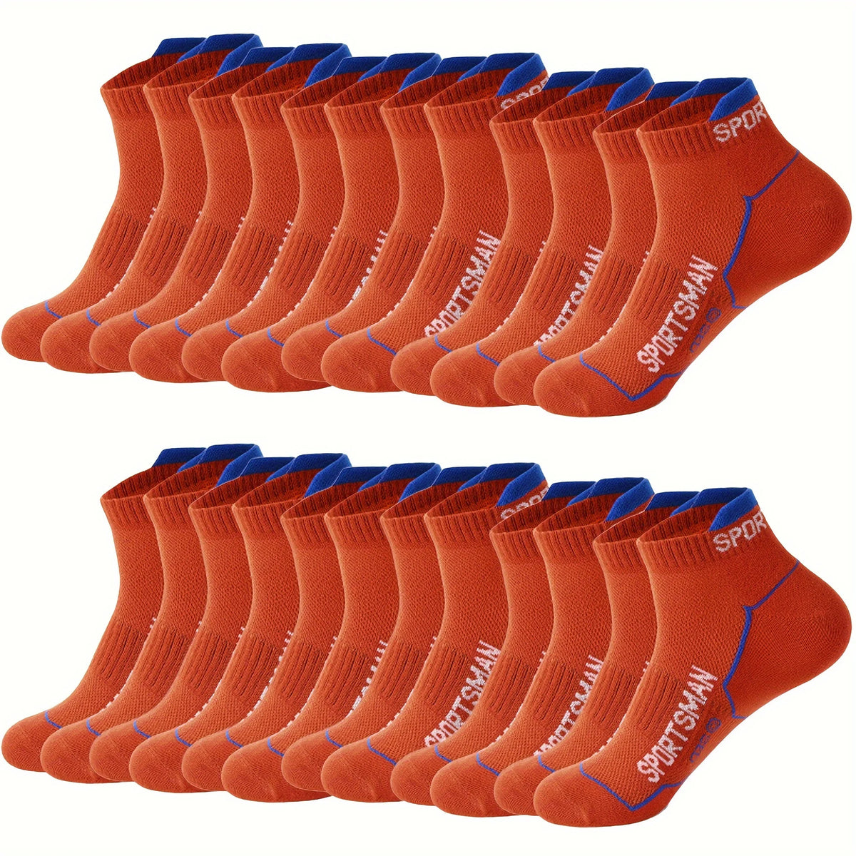 Un paquete de doce calcetines deportivos naranjas para hombre, transpirables, mostrados en fila.