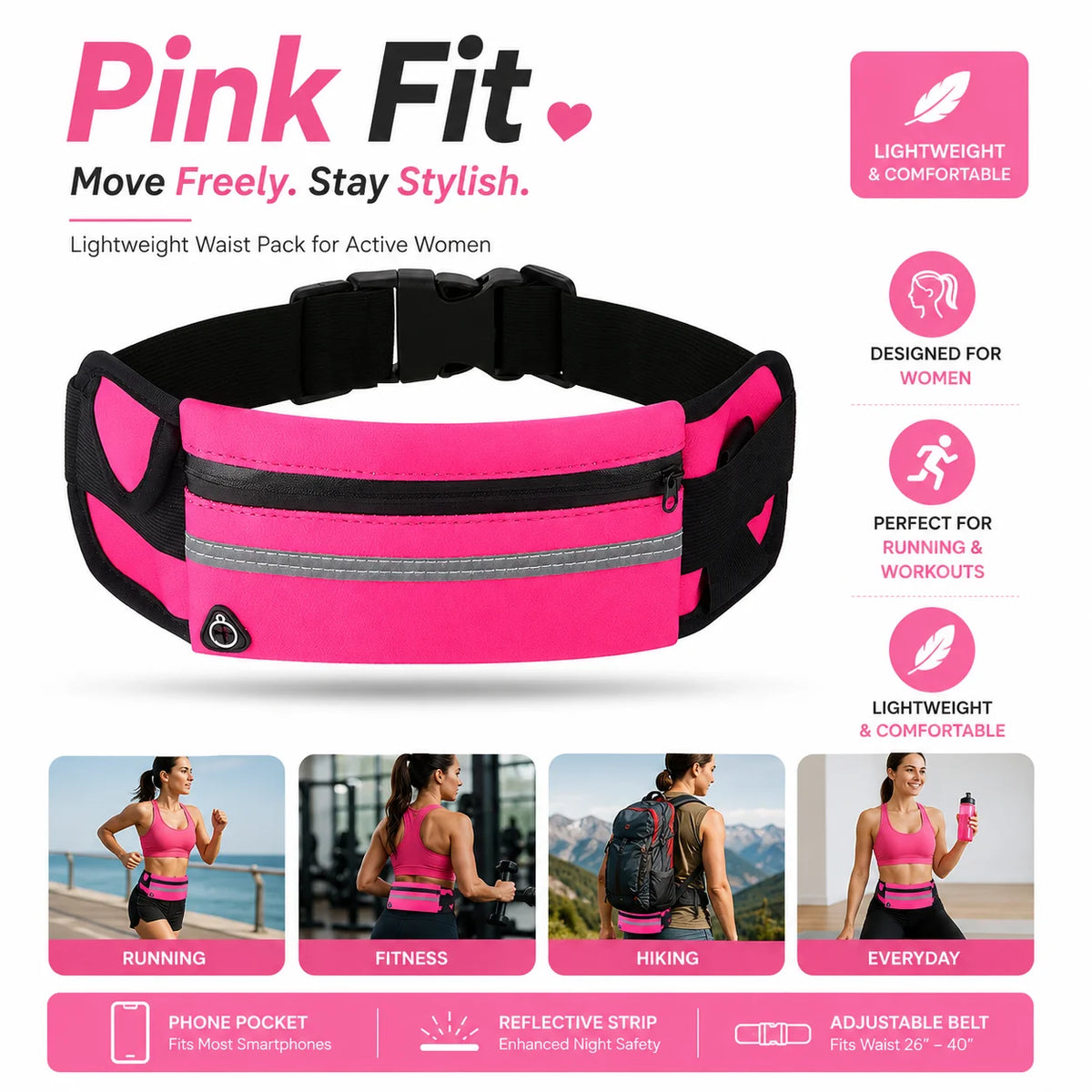 Pink Fit lightweight waist pack designed for women with pockets and a strap.