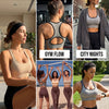 A collection of seamless racerback sports bras shown in various colors and contexts for gym, city nights, and outdoor fun.