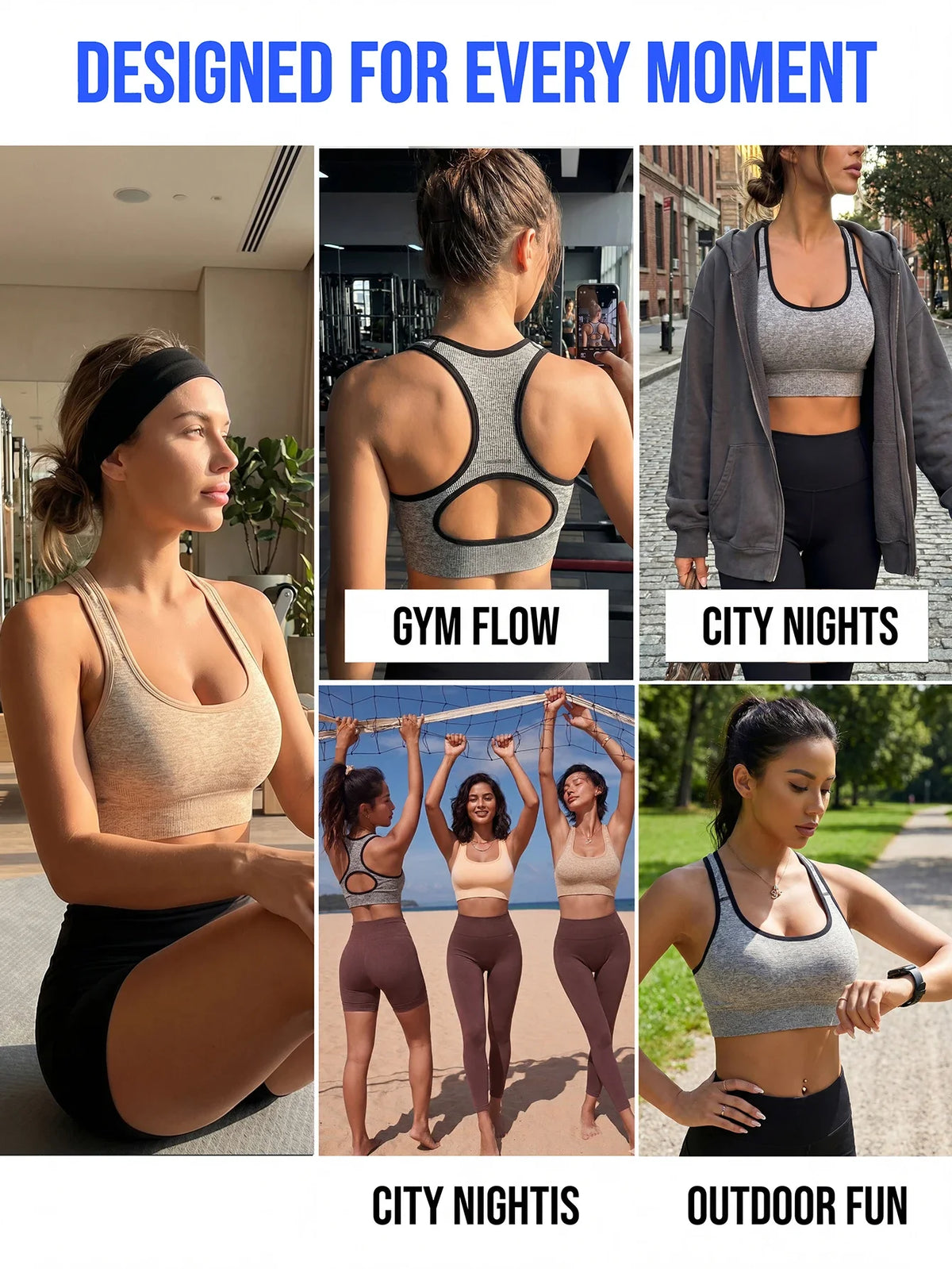 A collection of seamless racerback sports bras shown in various colors and contexts for gym, city nights, and outdoor fun.