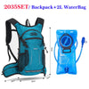 A teal hydration backpack with a black strap and an attached blue water bladder is shown.