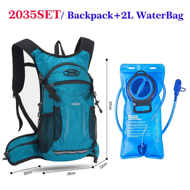 A teal hydration backpack with a black strap and an attached blue water bladder is shown.