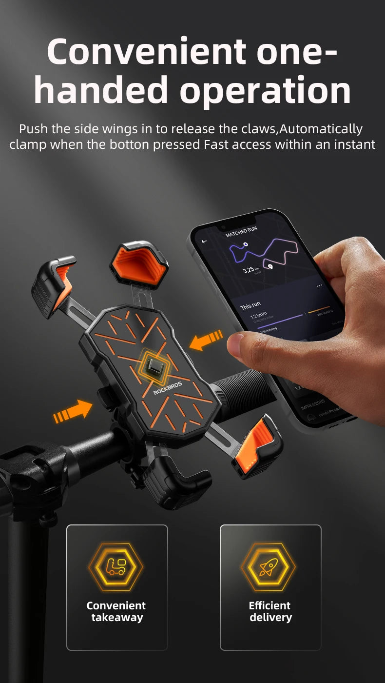 Une main montre l'opération à une main d'un support de téléphone pour vélo, montrant comment relâcher les griffes pour un acc