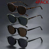 A pack of four retro round sunglasses in various brown and tortoiseshell patterns displayed against a dark background.