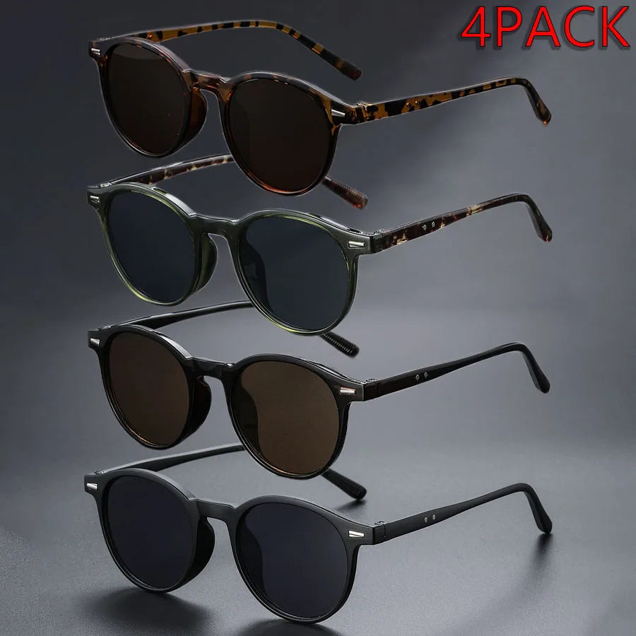A pack of four retro round sunglasses in various brown and tortoiseshell patterns displayed against a dark background.