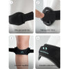 Four views of a black adjustable knee strap featuring ultra light buckle ring, high viscosity velcro, two-ways regulation, an