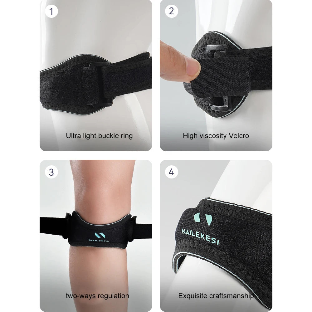 Four views of a black adjustable knee strap featuring ultra light buckle ring, high viscosity velcro, two-ways regulation, an