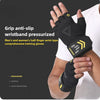 A hand wearing a black wristband training glove with yellow accents, demonstrating grip anti-slip and hand protection.