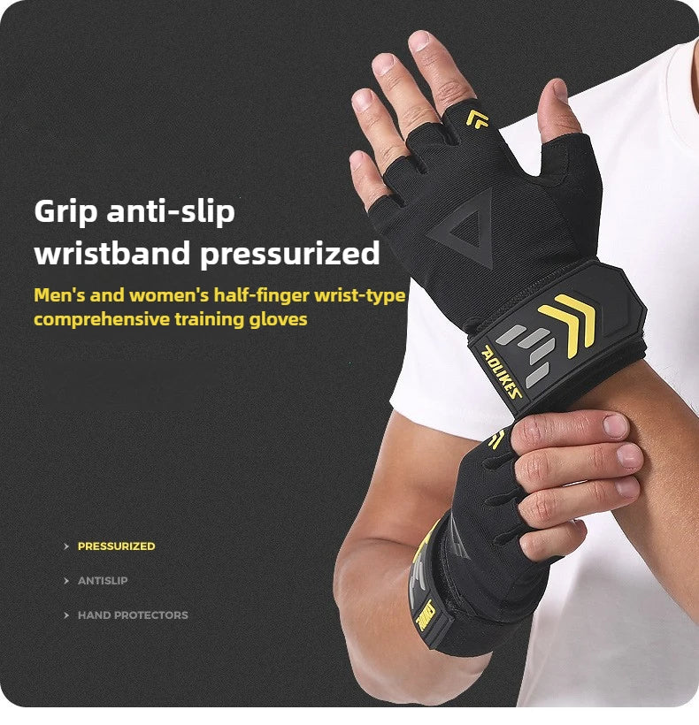 A hand wearing a black wristband training glove with yellow accents, demonstrating grip anti-slip and hand protection.