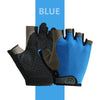 Blue breathable half-finger sport gloves shown against a blue background.
