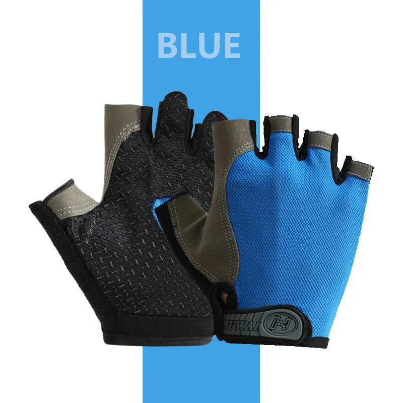 Blue breathable half-finger sport gloves shown against a blue background.