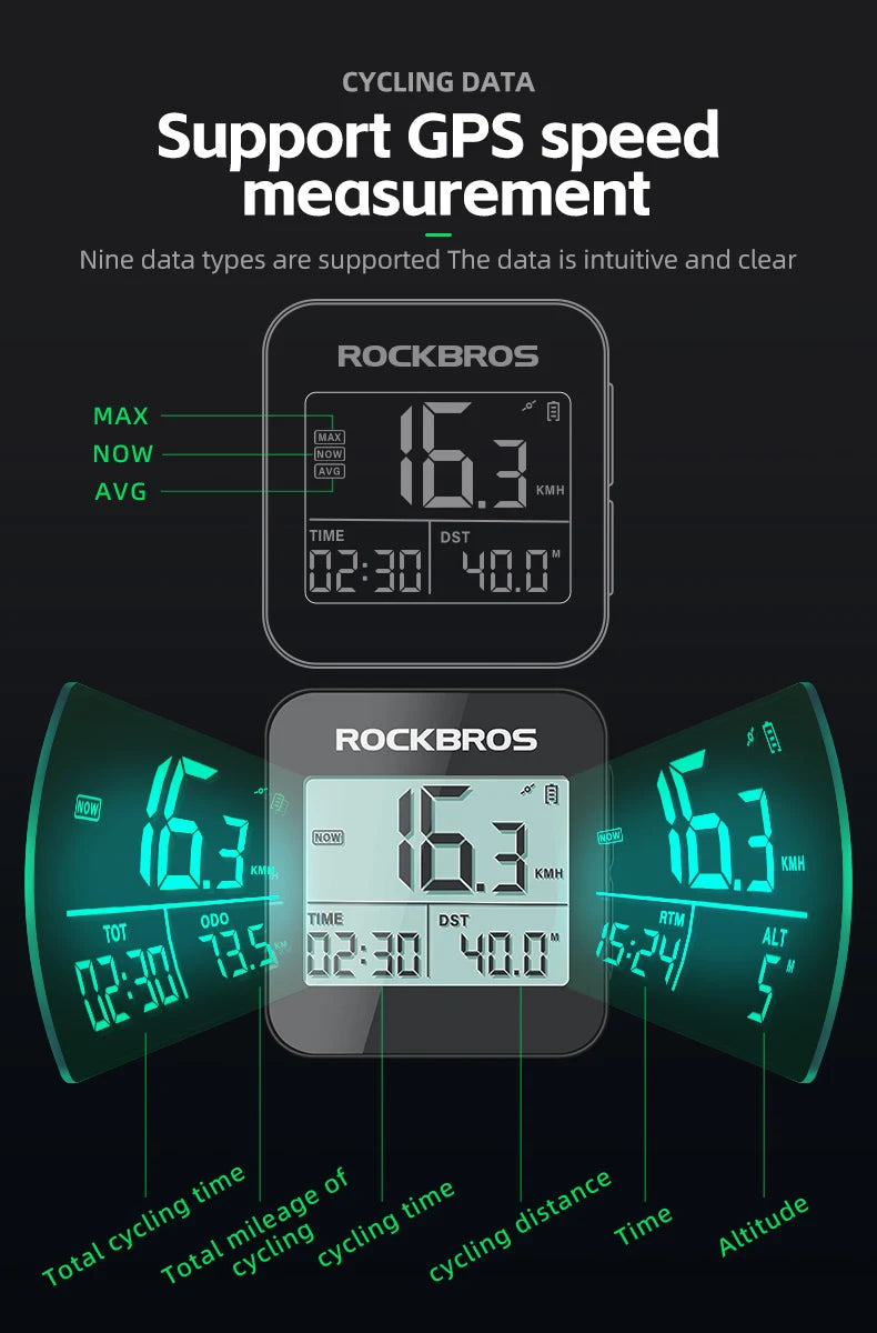 A Rockbros GPS cycling computer displaying speed and time data on a screen and surrounding display elements.