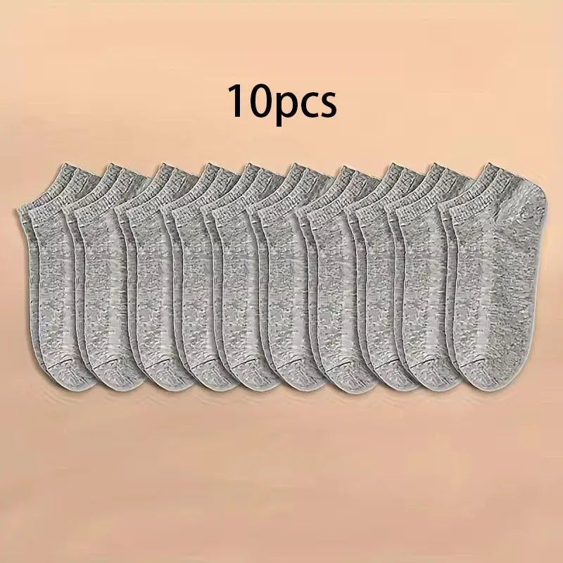 A pack of ten gray soft lightweight ankle socks for sports and casual wear