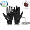 Black full finger sports training gloves shown with inset images demonstrating grip and use.
