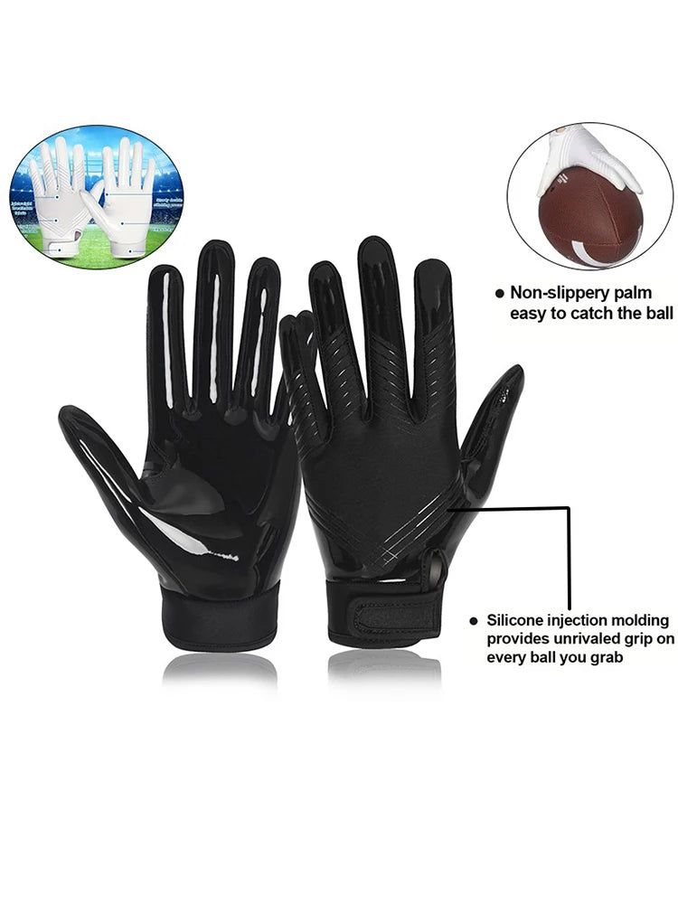 Black full finger sports training gloves shown with inset images demonstrating grip and use.