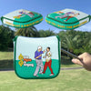 A green and white patterned putter headcover featuring a humorous phrase about price.
