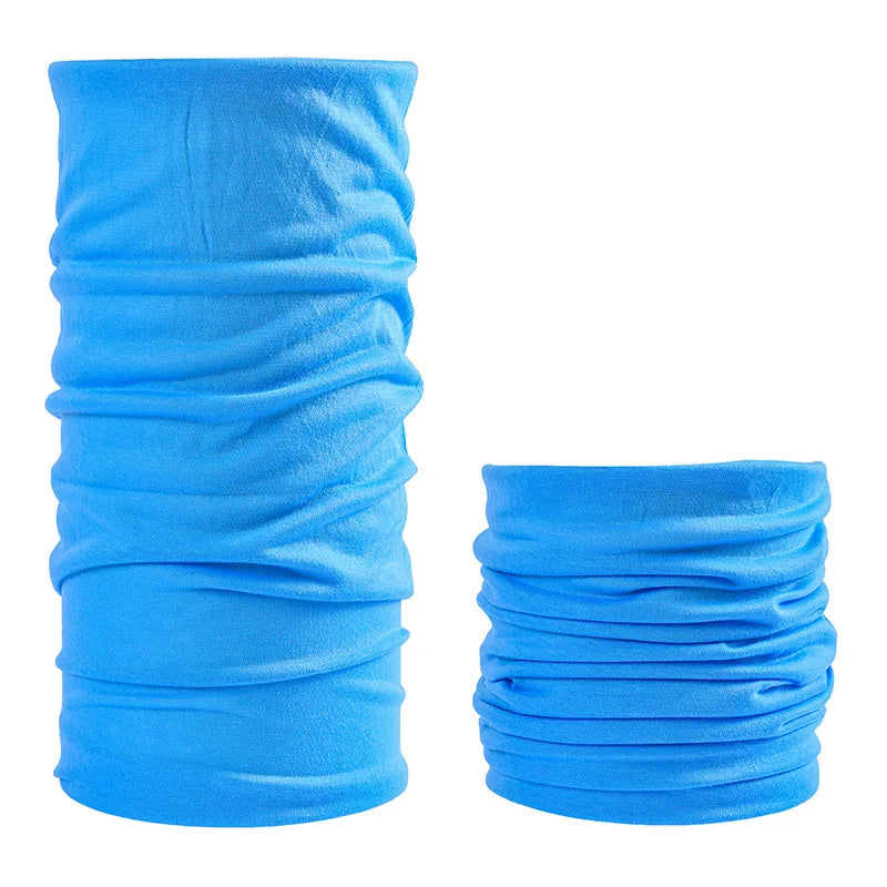 A stack of bright blue seamless fabric headbands and balaclavas.