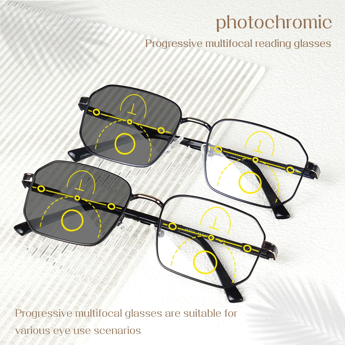 Pair of photochromic progressive multifocal reading glasses shown on a white background.