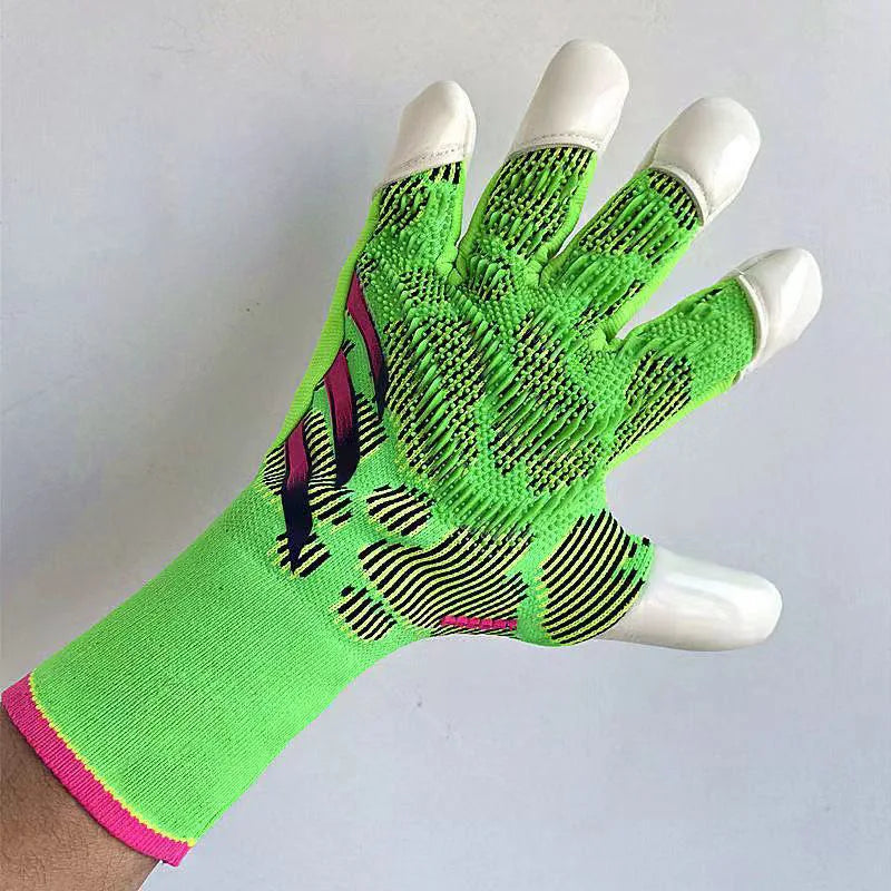 A hand wearing bright lime green goalkeeper gloves with black and pink accents.