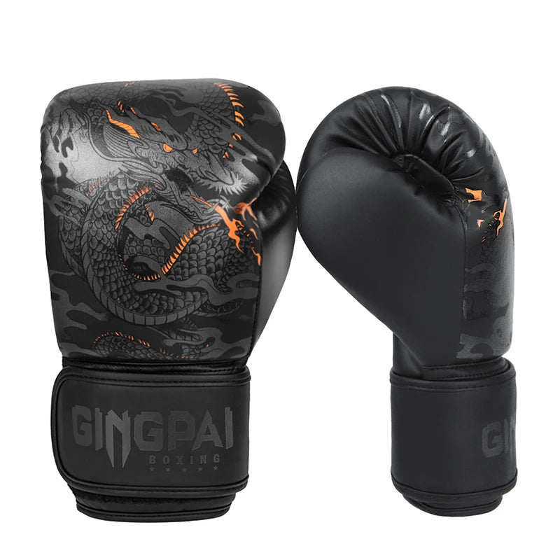 Ein Paar schwarzer Boxhandschuhe mit orangefarbenem Drachendesign an Knöcheln und Armband.