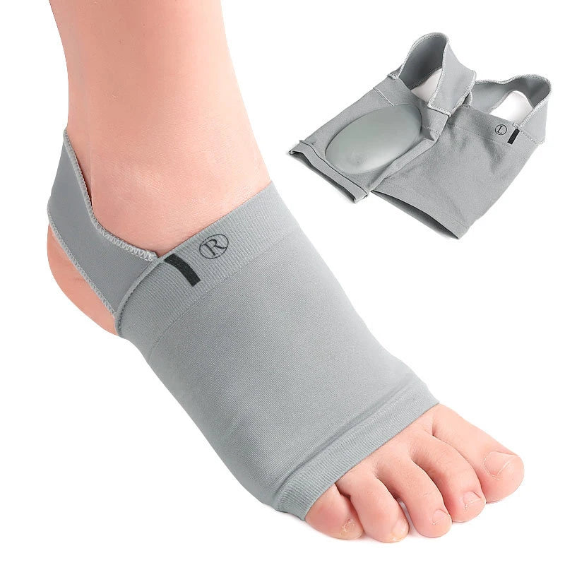 Gray silicone arch support insoles shown on a foot and separate for comfort