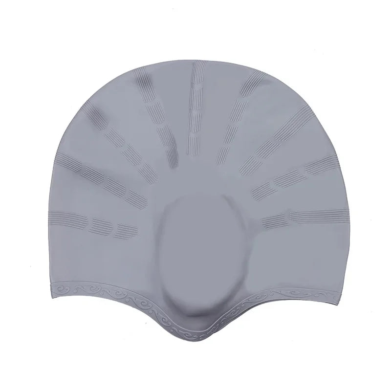 A gray waterproof silicone swimming cap designed for long hair.