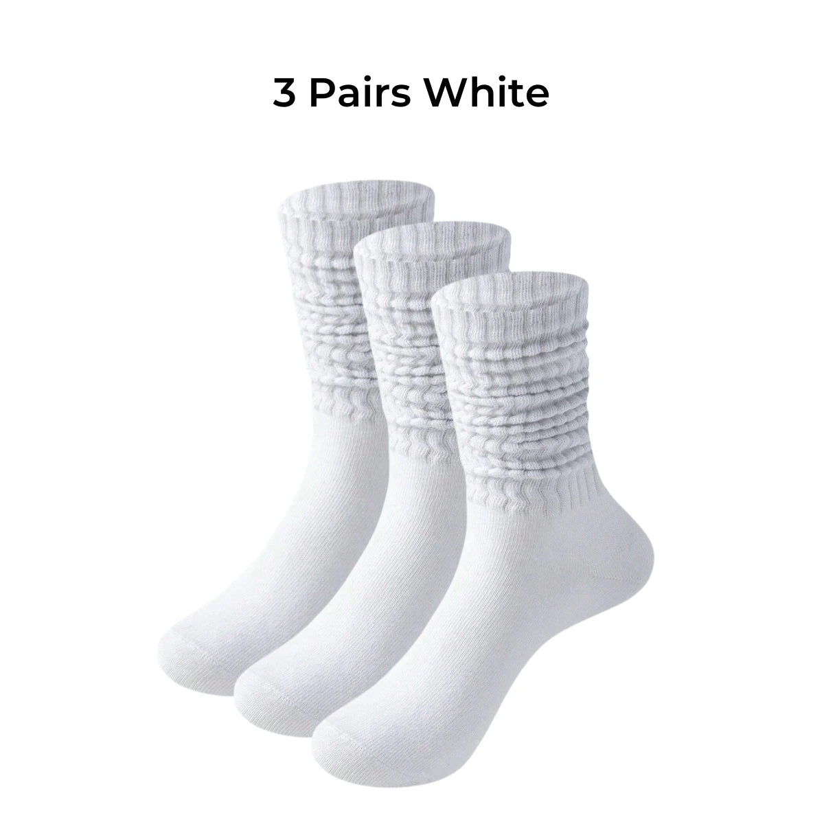 Three pairs of white women's slouch knit scrunch socks displayed together.
