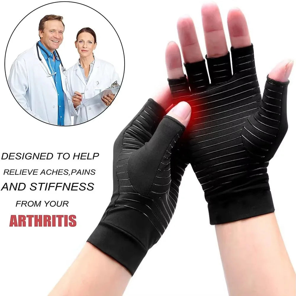 Black copper compression gloves designed to relieve aches, pains, and stiffness from arthritis.