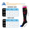A comparison chart showing women's and men's sizes for compression socks, detailing US shoe size, heel to top measurement, an