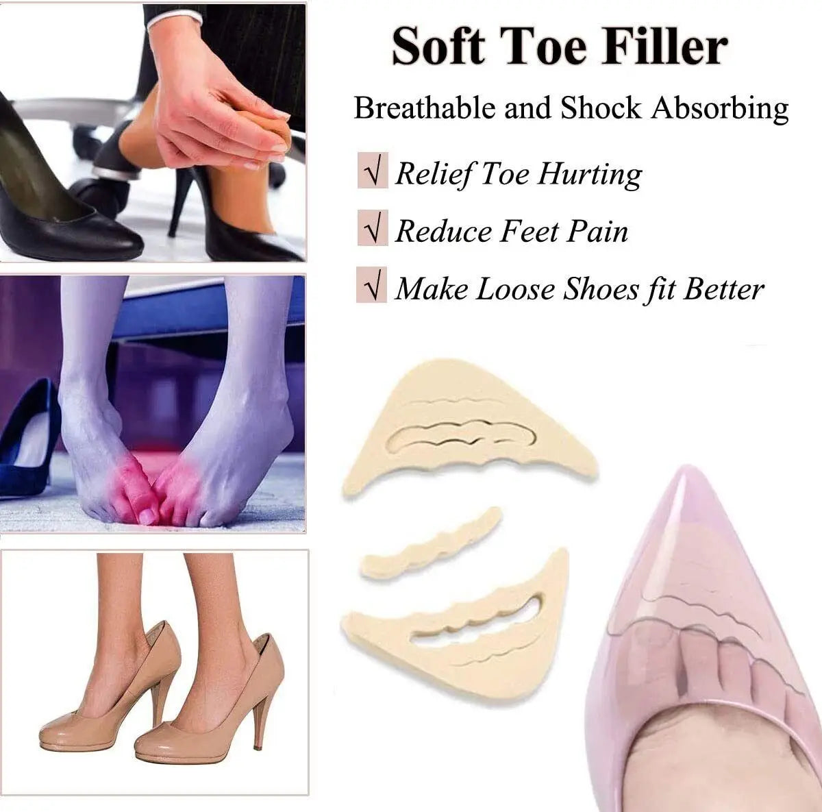 Soft Toe Filler product showing various foot pads and a shoe heel for relief and comfort