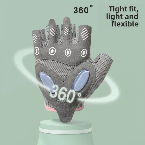 Gray anti-slip yoga and fitness gloves shown with a 360 degree view highlighting their tight fit and flexibility