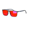 A pair of blue light blocking glasses with bright red lenses.
