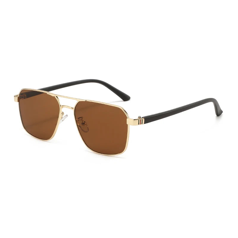 Brown tinted square sunglasses with black frames and gold accents