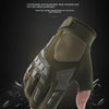 A close-up shot of half finger tactical gloves in olive green, shown on a hand against a dark background.