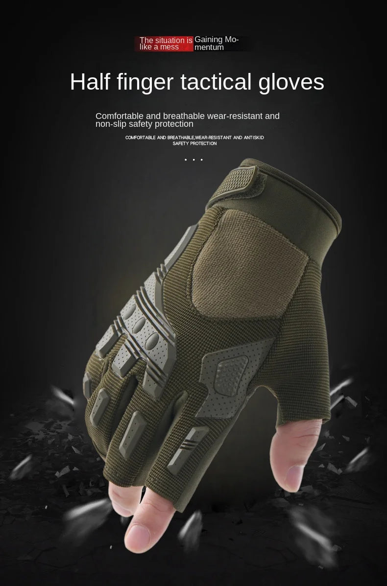 A close-up shot of half finger tactical gloves in olive green, shown on a hand against a dark background.