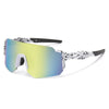 A pair of adjustable square sunglasses with a gradient yellow and blue lens and a patterned frame.