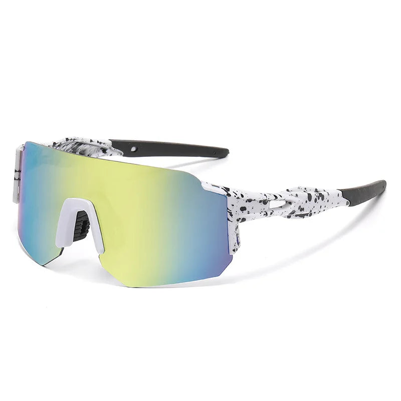 A pair of adjustable square sunglasses with a gradient yellow and blue lens and a patterned frame.