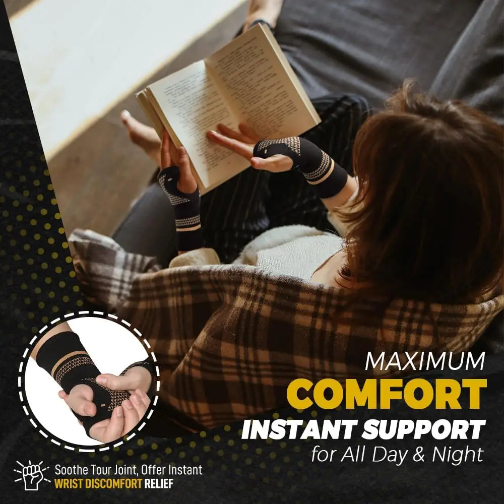 A person is shown using a copper fiber wrist protector for pain relief while reading.