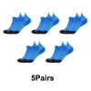 Five pairs of bright blue performance compression sports socks shown from the top view.