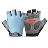 A pair of breathable anti-slip gym workout gloves in light blue and gray.