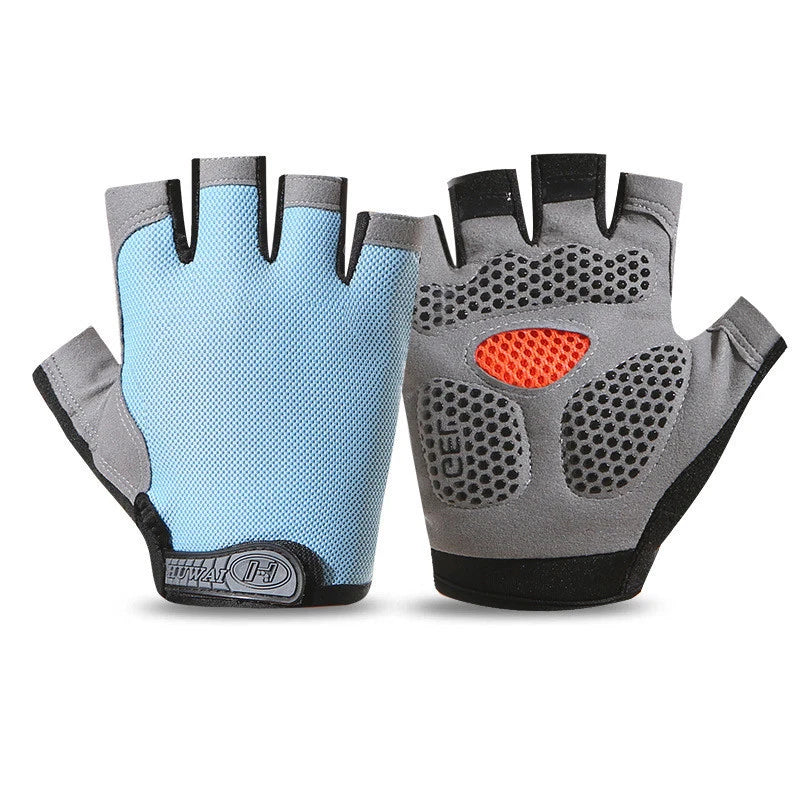 A pair of breathable anti-slip gym workout gloves in light blue and gray.