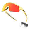 A pair of orange and yellow polarized sunglasses with gold accents shown alongside a disassembled version.