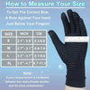 A hand wearing black compression gloves with a measuring tape displayed next to a size chart.