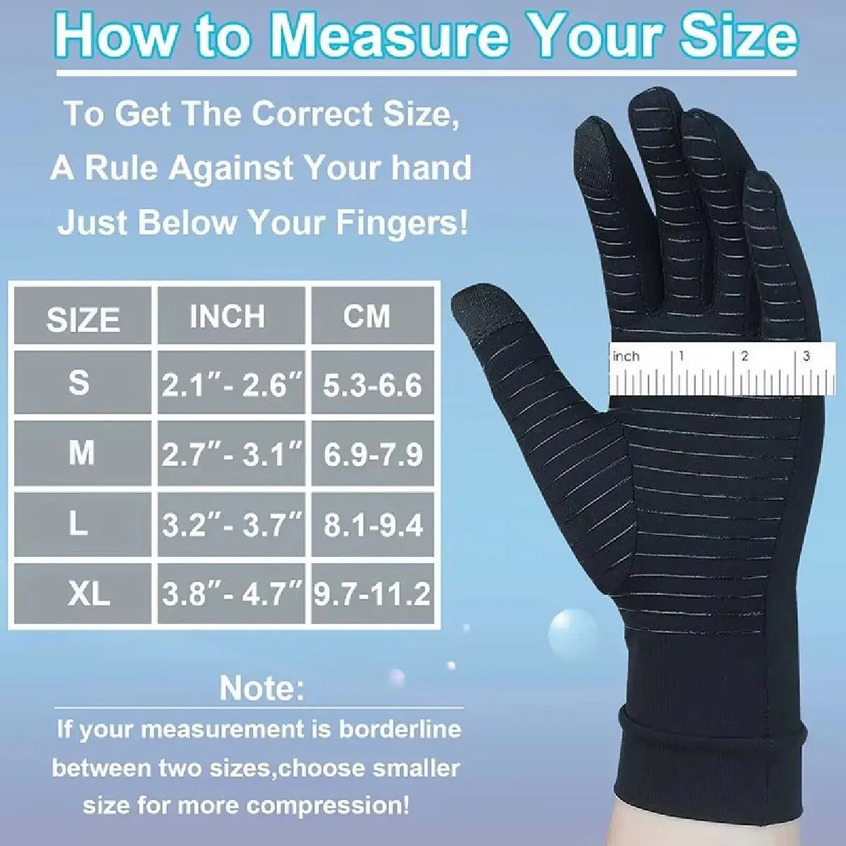 A hand wearing black compression gloves with a measuring tape displayed next to a size chart.