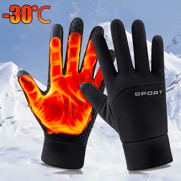 A pair of black sports gloves with a hand showing bright orange flame effect against a snowy background.